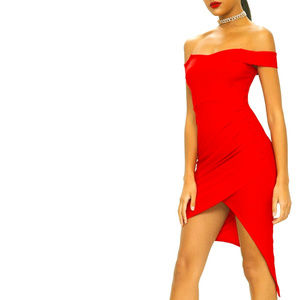 Red Bardot Ruched Detail Asymmetric Hem Midi Dress